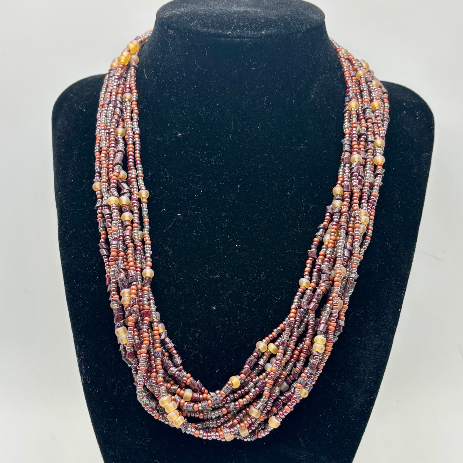 Vintage Multi Strand Seed Bead Necklace Earth Tones Copper Maroon Silver Boho